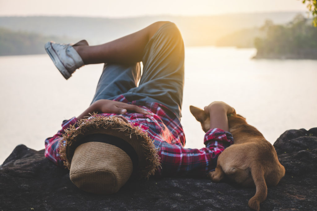 un chien et son maître en vacances